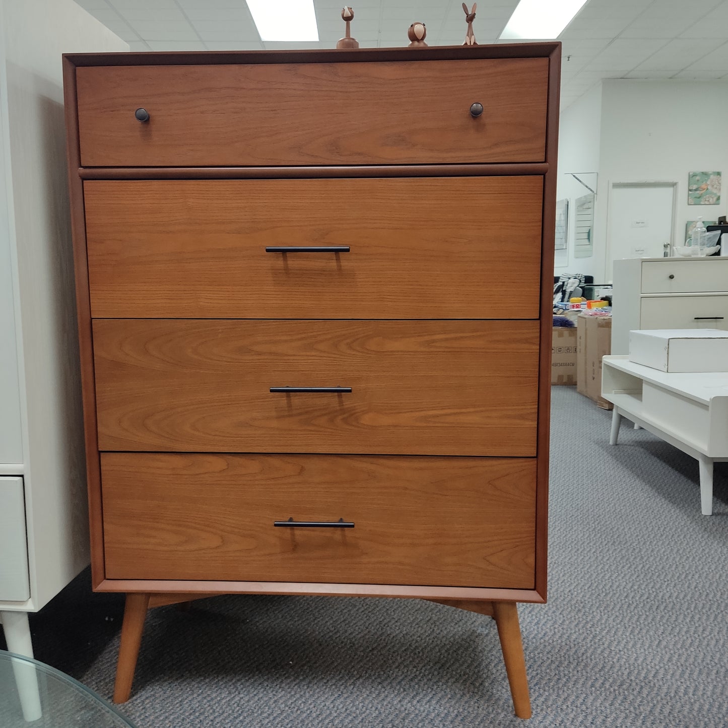 Mid-Century 4 drawers Tall boy, walnut colors in stock