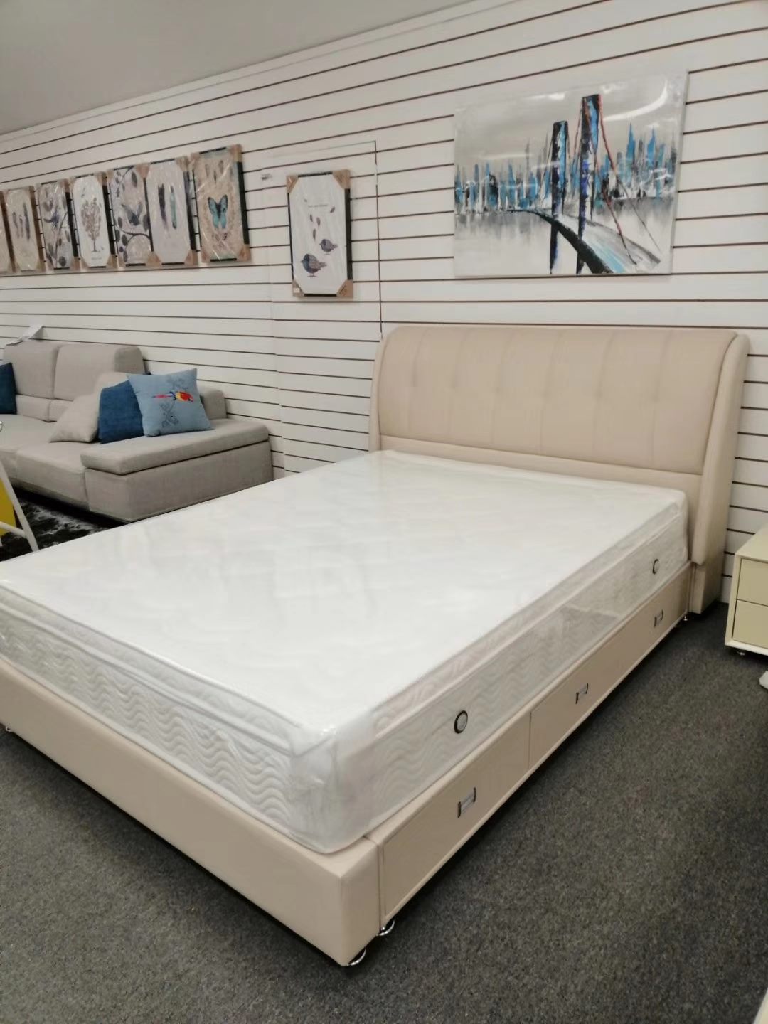 #885 Italian leather bed with 3 drawers by order.