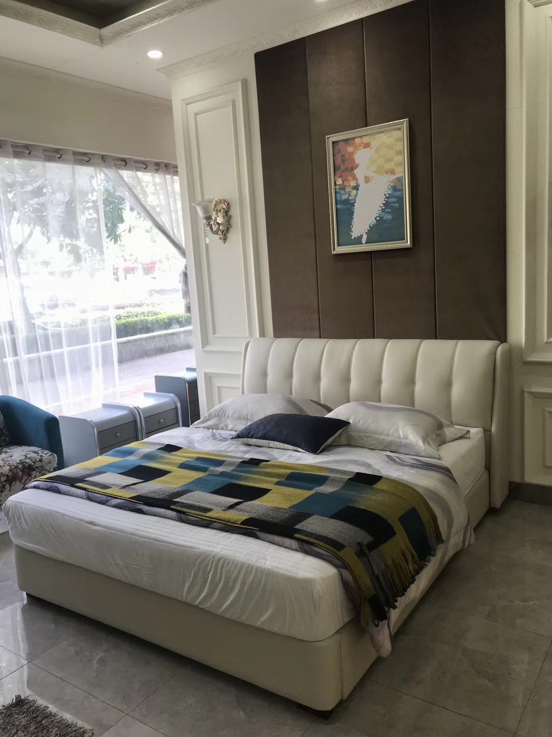 #885 Italian leather bed with 3 drawers by order.