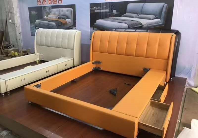 #885 Italian leather bed with 3 drawers by order.