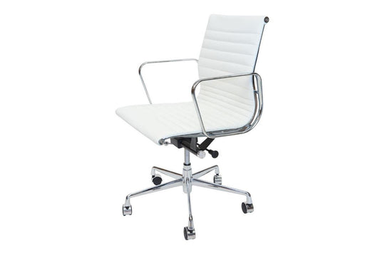 Reproduction Genuine Leather Eames Low Back Office Chair White +silver frame