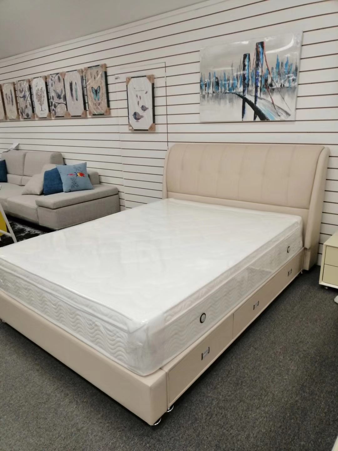 #885 Italian leather bed with 3 drawers by order