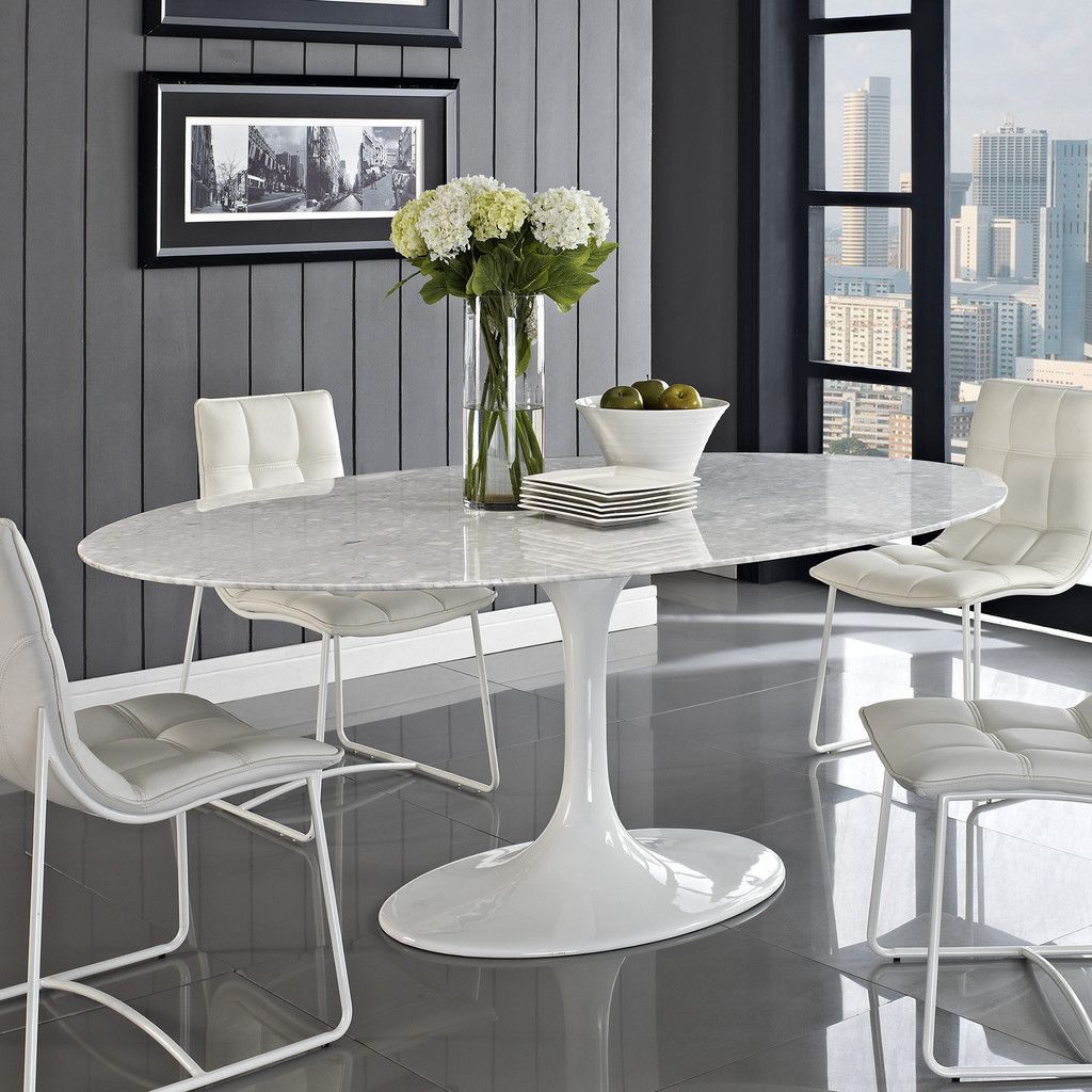 Marble Oval Tulip Dining Table - White - 180cm