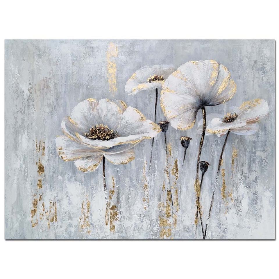 100% Hand Oil Painting silver flowers