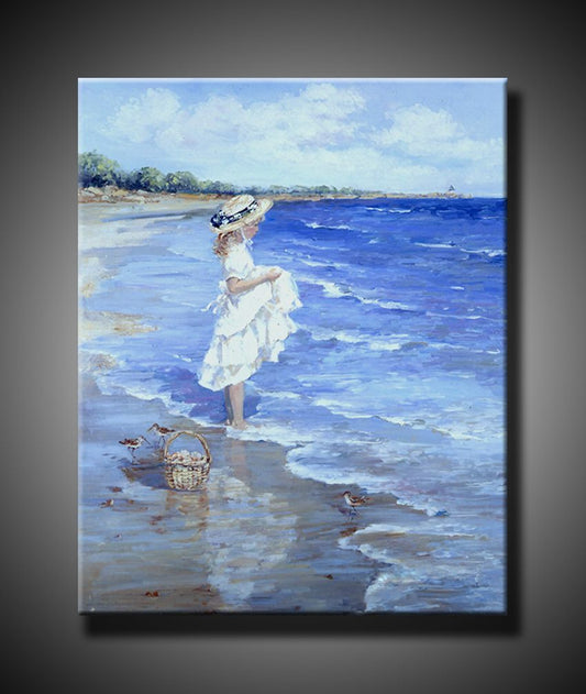 100% Hand Oil Little Girl by The Sea, Ready to Hang up