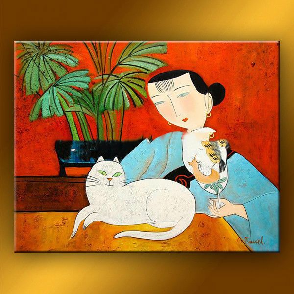 100% Hand Oil Painting Woman and Cat, Ready to Hang up